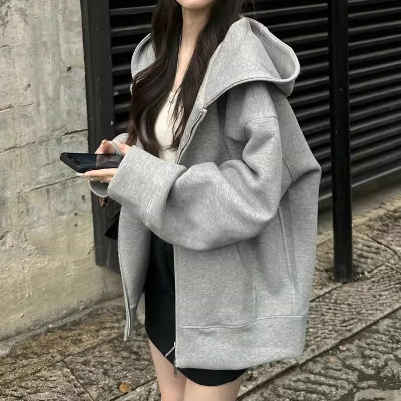 连帽卫衣女秋冬oversize加绒加厚拉链开衫外套宽松慵懒chic风上衣|undefined