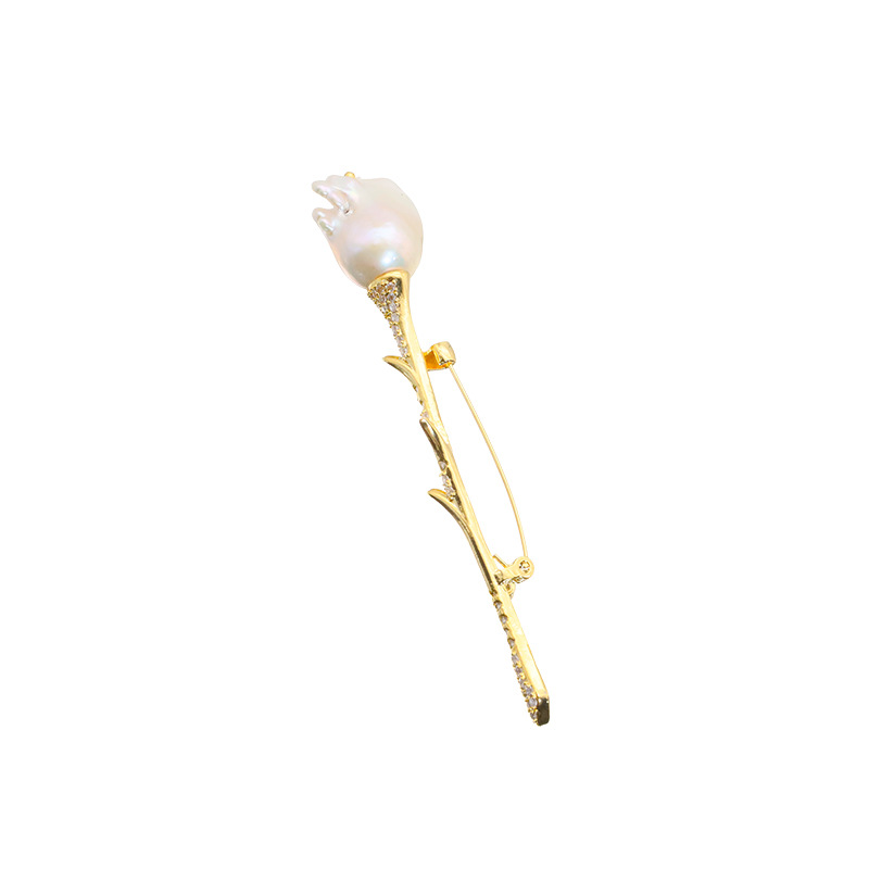 Broche de perlas de agua dulce natural de alto grado nicho pin accesorios elegante nuevo tulipán ramillete chapado en oro de 18K