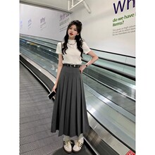 灰色韩系2024新款长款西装裙半身裙春夏季高腰A字裙伞裙百褶裙子