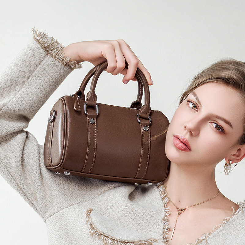 Boston Pillow Bag Top Grain Cowhide Leather Zipper Shoulder Bag Luxury Commuter Women's Small Handbag - Thumbnail 2