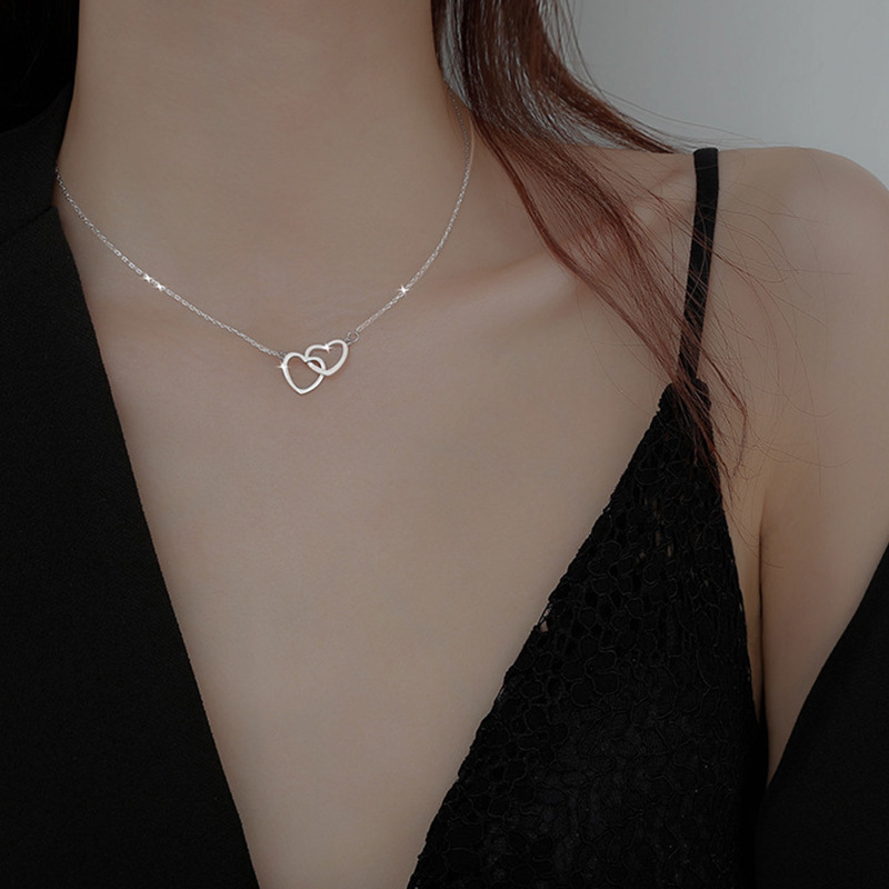 Double heart silver necklace # Xl054
