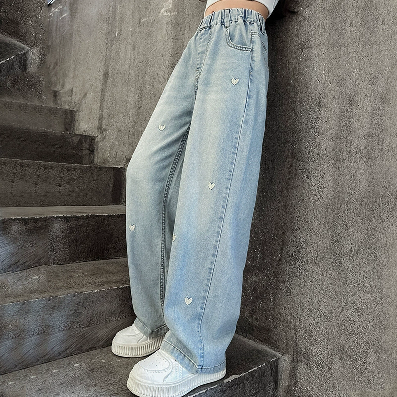 Summer Denim Trousers for Teen Girls, Loose Straight Fit, Thin Breathable Tencel Hearts
