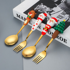 新しいクリスマスのスプーンとフォークの食器セットのサンタクロースのデザートのスプーンとフォークの子供のステンレスのスプーンのプレゼントの箱