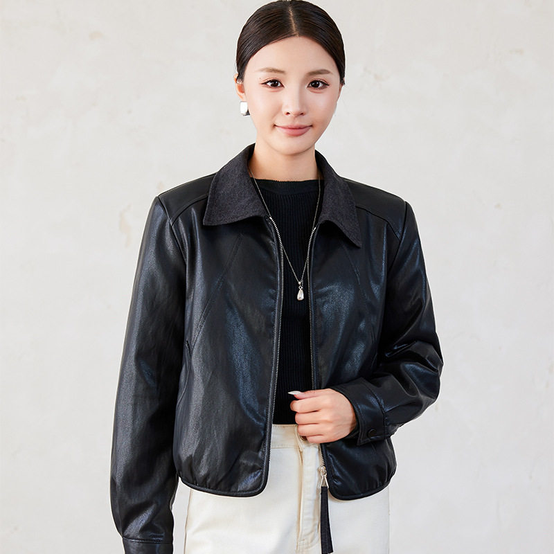 Áo khoác da nữ cổ bẻ dáng ôm phối lông bên trong kiểu mới — màu cà phê, đen, Màu cà phê Fleece dày, Màu đen Fleece dày chi tiết 6