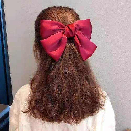 Korean-style red bow hair clip with large bow headband, satin bow hair clip with spring clip top clip