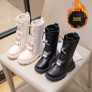 Girls' boots 2025 Korean version of autumn and winter new large children's cute cartoon fleece-lined leather boots soft bottom explosions boots