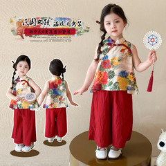 女の子の新しい中国式のスーツの夏の2025新型の国風の子供の漢服の2つのセットの女の子の古風のベストの服