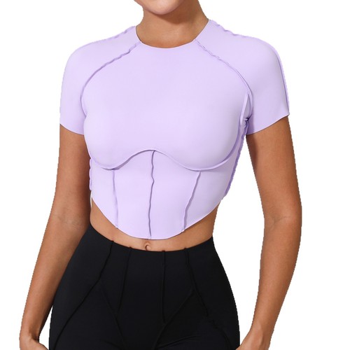 ChiaShi Bare Sensation Yoga Short-Sleeve No Bra Quick-Dry Fitted Athletic Top Running Sports Bra 0673