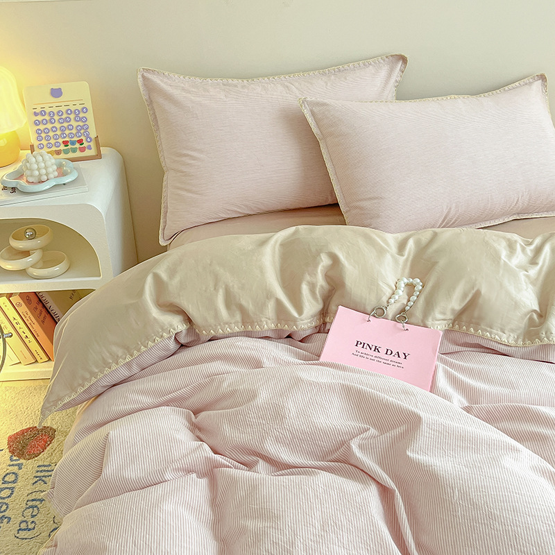 Nordic Striped Pure Cotton Bedding Set Four Piece Washed Bed Sheet_voghion.com