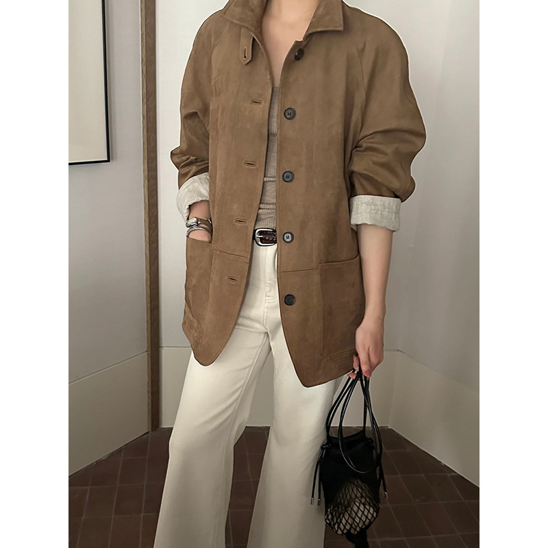 Yuanpai Two-Way Wear Lapel Suede Jacket 2026 Autumn New Vintage Mid-Length Jacket with Spliced Sleeves A6555 Yuanpai Two-Way Wear Lapel Suede Jacket 2026 Autumn New Vintage Mid-Length Jacket with Spliced Sleeves A6555
