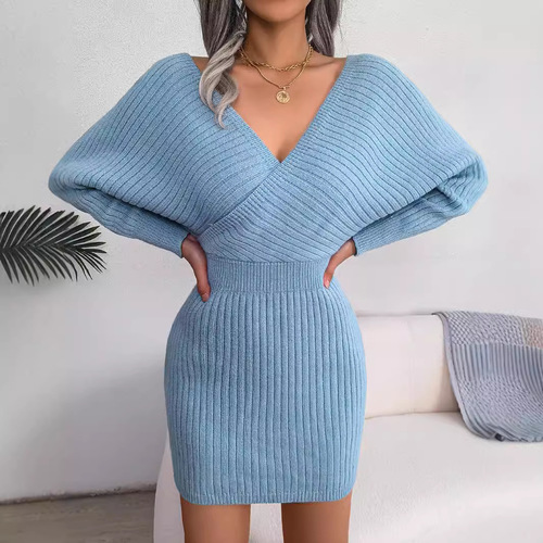 Autumn/Winter Sexy Cross V-Bust Batwing Skirt Bodycon Dress, Independent Women's Clothing