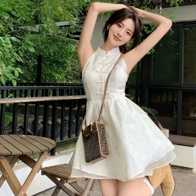 Hanging Neck Leaky Shoulder Summer dress 2025 Retro Buckle Modified Girl's Cheongsam Skirt Tight Waist Slimming A- line Skirt