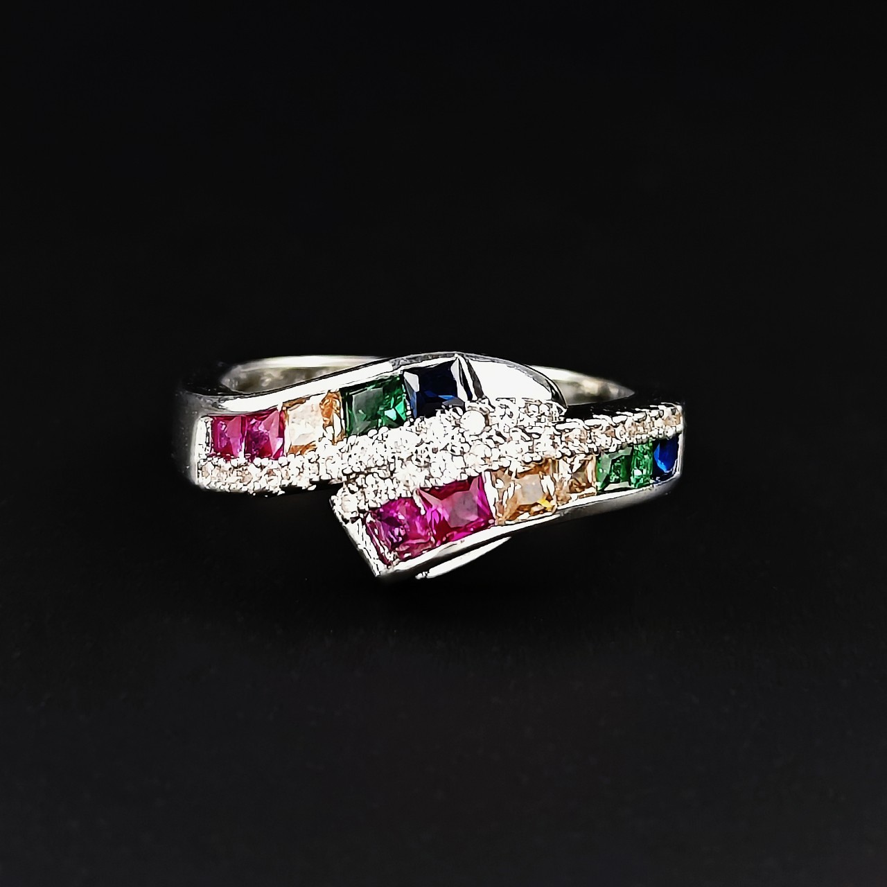 Europe and the United States exquisite color treasure series copper plated White Gold color zircon row ring Amazon cross-border r7552