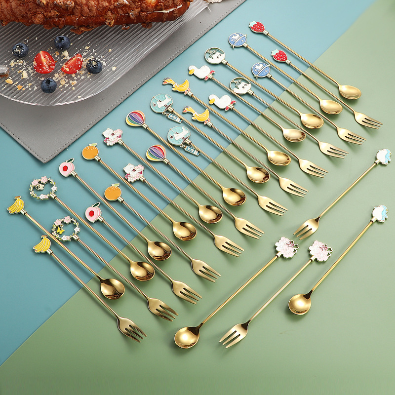 Cuchara de Navidad de acero inoxidable 304, mango de hilo, helado creativo, postre, vajilla de regalo dorado, juego de cuchara y tenedor