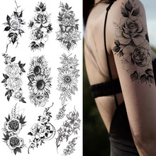 跨境专供 素描花朵纹身贴 素描纹身贴纸 玫瑰花朵黑白花朵 tattoo