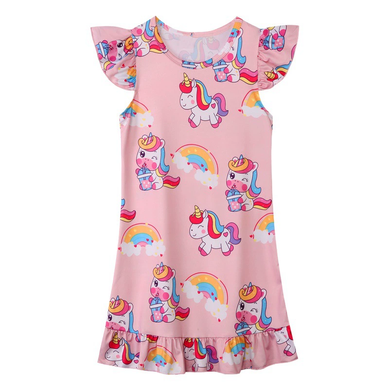 Пижама с единорогом для девочек, летнее платье, Детская домашняя одежда с короткими рукавами, Детская ночная рубашка