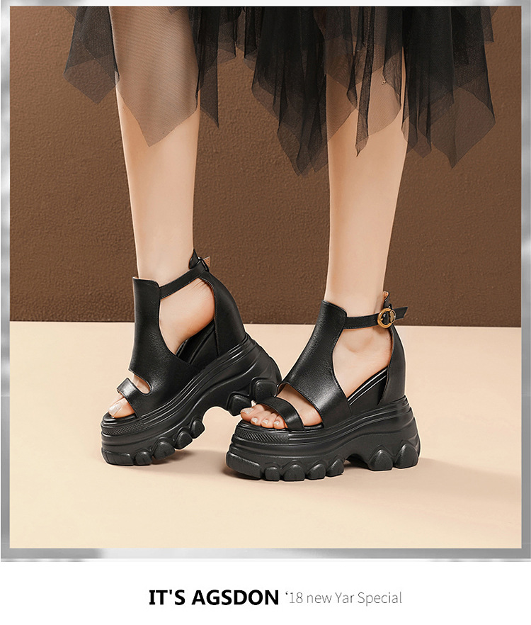 Giày sandal cao gót nữ hở mũi phong cách La Mã, đế xuồng cao 14 cm, da thật, gót vuông, quai mảnh — màu nâu, màu đen chi tiết 13