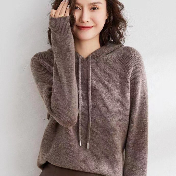 Hooded Knitted Sweatshirt for Women, Autumn and Winter Drawstring Loose Pullover Sweater, Versatile Solid Color Top, Casual Style Hooded Knitted Sweatshirt for Women, Autumn and Winter Drawstring Loose Pullover Sweater, Versatile Solid Color Top, Casual Style