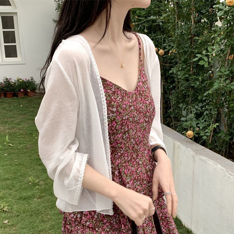 White Sun-Protective Chiffon Cardigan for Women, Summer Design, Niche French Lace Top, Shawl Cover-Up, Thin Outerwear