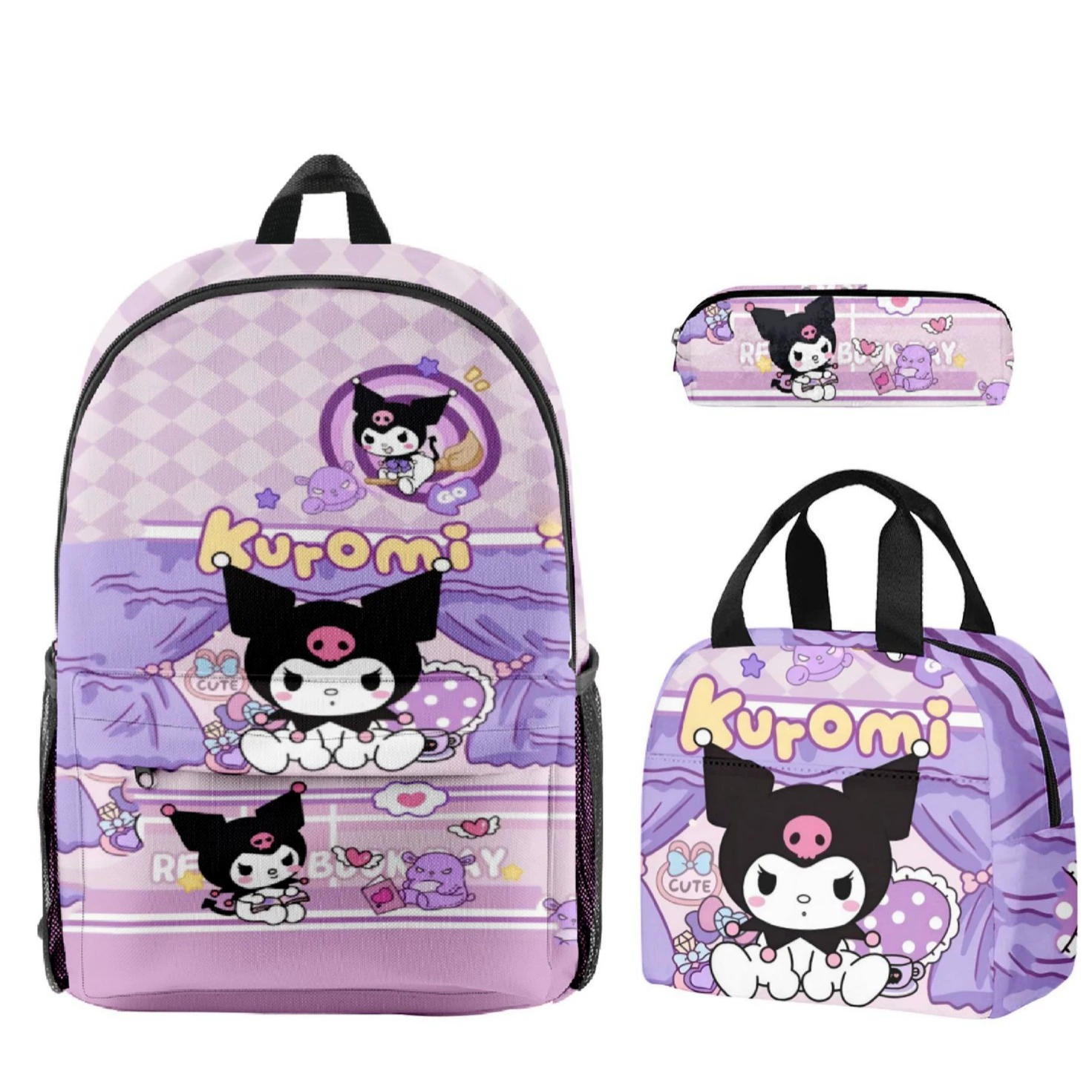 Kuromi Kuromihellokitty сумка-рюкзак для школы, термо-ланчбокс, сумка для ручной переноски, пенал — комплект из трех предметов
