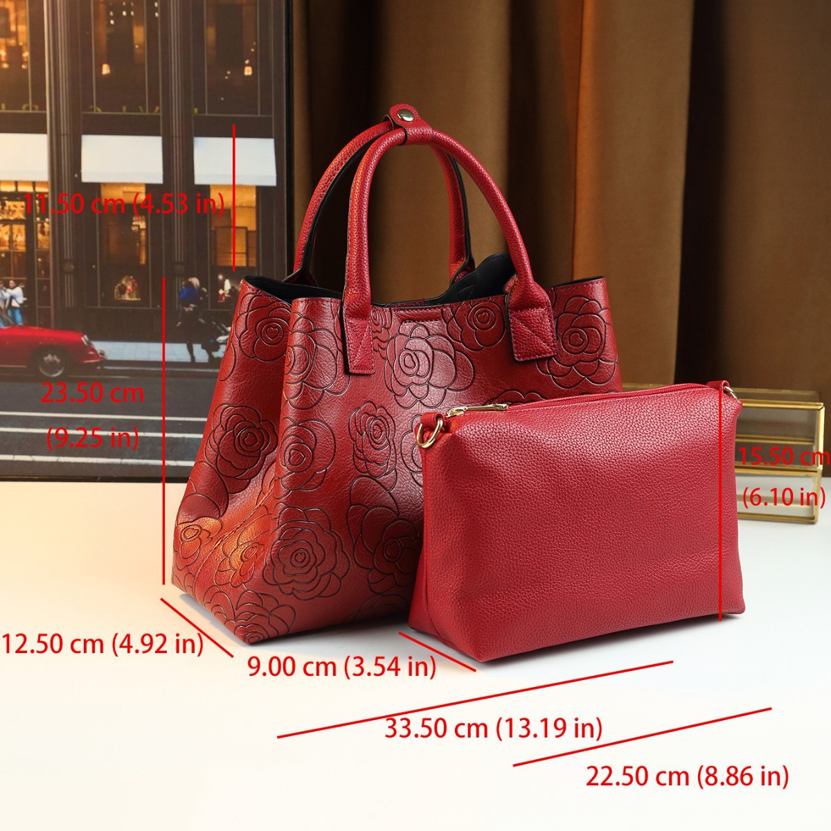 Borsa a tracolla capiente con stampa di rose, borsa a secchiello versatile e alla moda, perfetta per la Giornata internazionale della donna._voghion.com