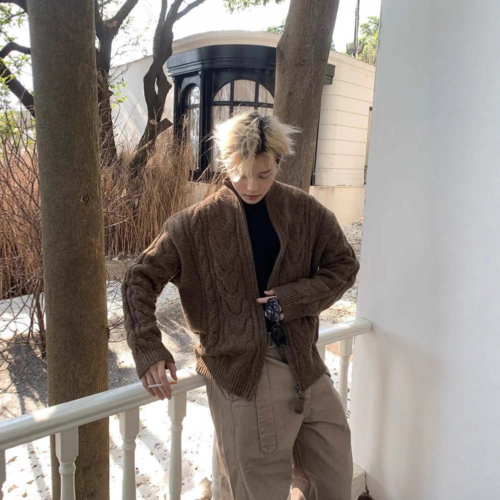 美式纯色麻花开衫毛衣男女秋冬季新款慵懒风上衣设计感针织外套潮