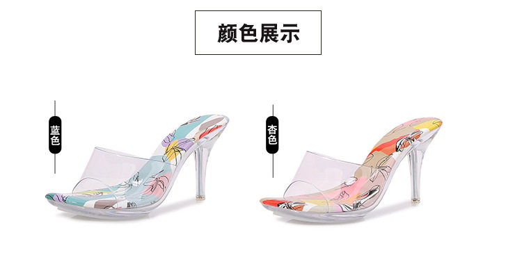 Dép sandal nữ quai ngang hở mũi gót cao pha lê trong suốt — Màu mơ, Màu xanh lam chi tiết 5