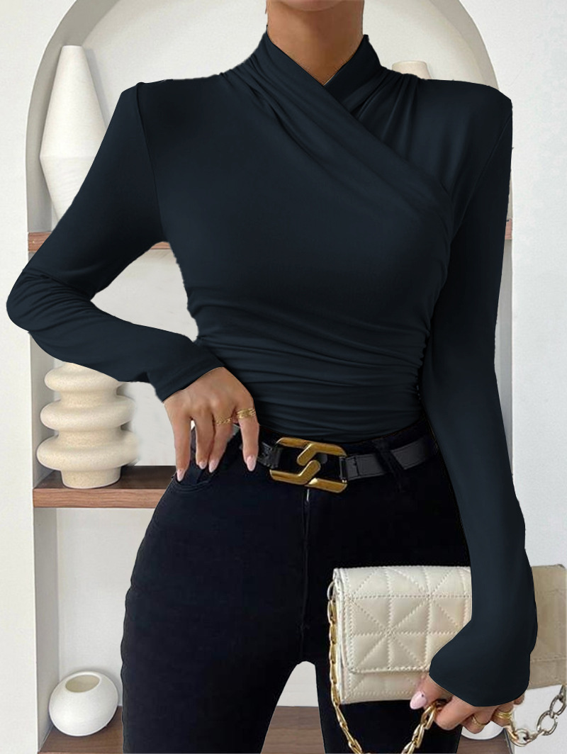 Elegant Women's Cross-Neck Slim-Fit T-Shirt Tuck Detail Versatile Autumn Winter Wardrobe Staple Fashion Top for Ladies_ecoleips.com