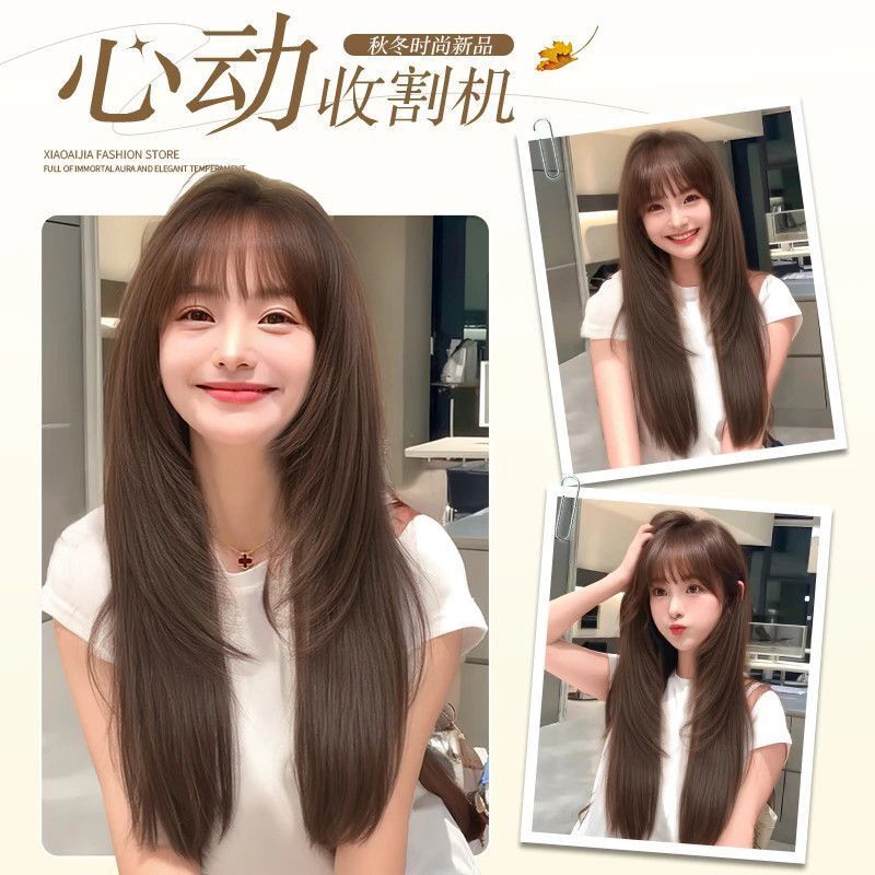 夢源かつら女性ロングヘアコールドブラウン高層感ロングストレート日常lolita甘いファッションフルヘッドカバー式|undefined