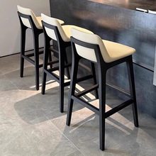 意式极简吧椅家用轻奢高级感真皮岛台椅白蜡木实木高脚椅酒吧台椅