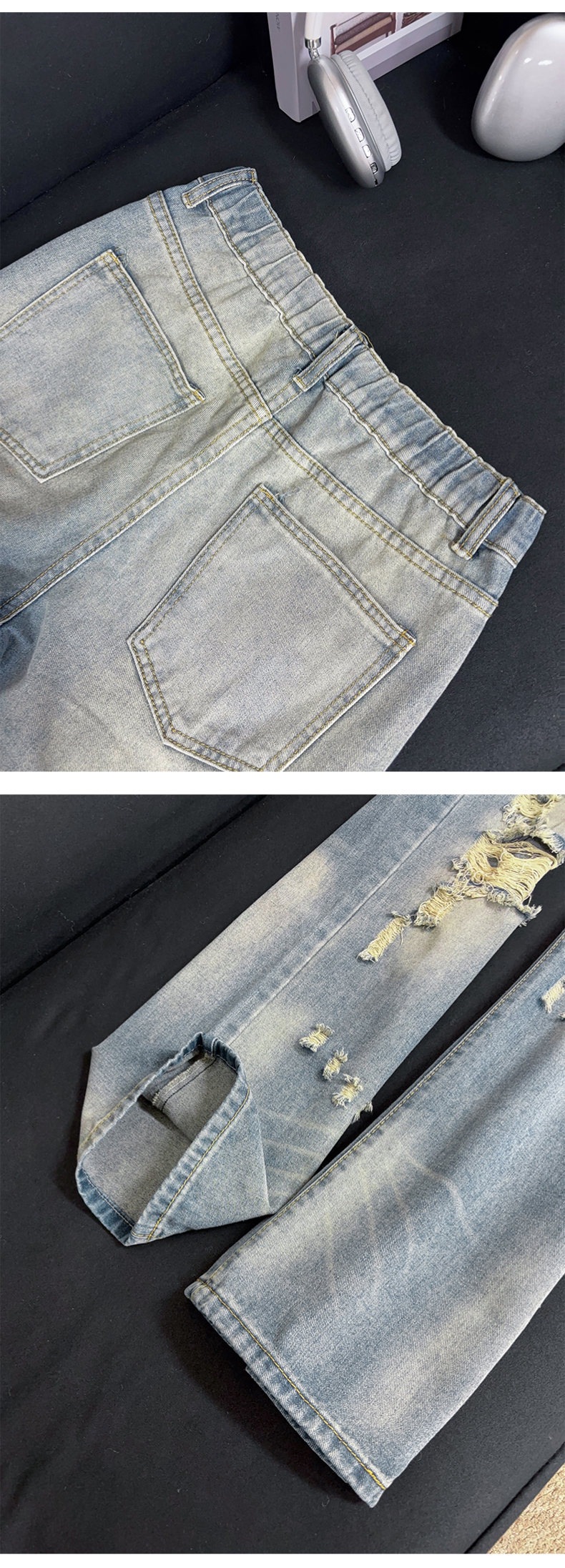 Men's Ripped Jeans High Street Style Slightly Flared Straight Leg Pants Trendy Brand Versatile Summer Design Wasteland Look_mkmklike.com