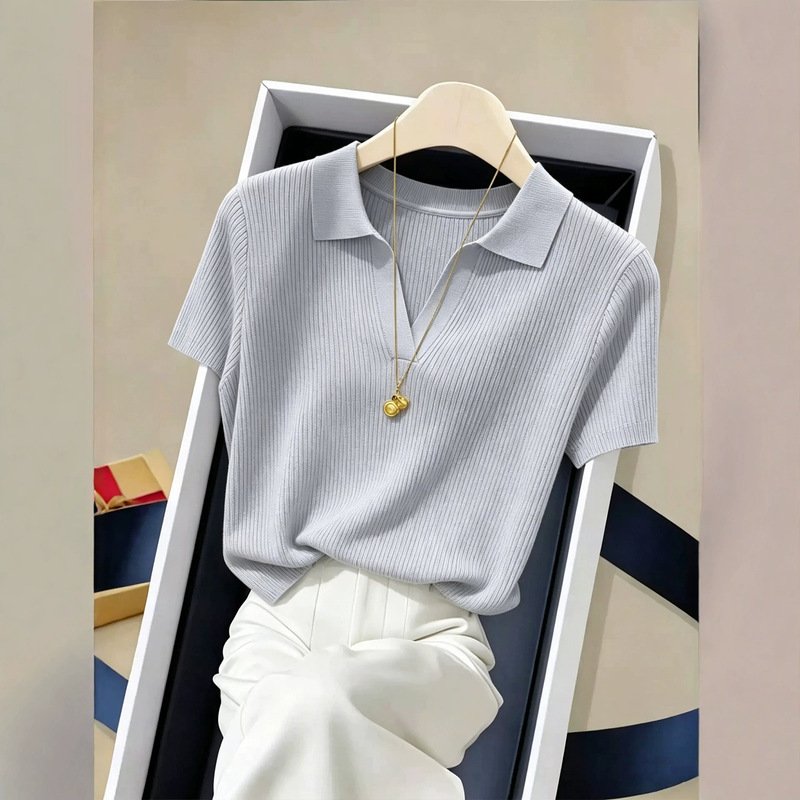 New Korean-Style Summer Solid Color Polo Collar Short-Sleeve Women's Knit Top Fashion Thin Shirt A11851 New Korean-Style Summer Solid Color Polo Collar Short-Sleeve Women's Knit Top Fashion Thin Shirt A11851