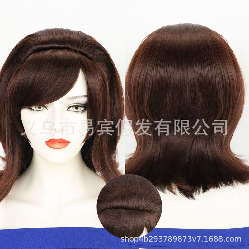 Retro Brown Wig 60S and 70S Bangs High Temperature Silk Chemical Fiber Wig Amazon Europe and the United States Hot Style