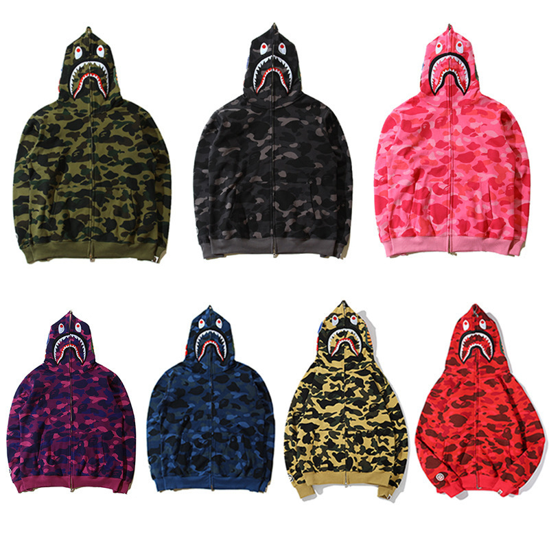 Cross-border Foreign Trade Trendy Brand Shark Sweater Men's and Women's Embroidery Camouflage Printing Autumn and Winter fleece-lined Cardigan Hooded Jacket