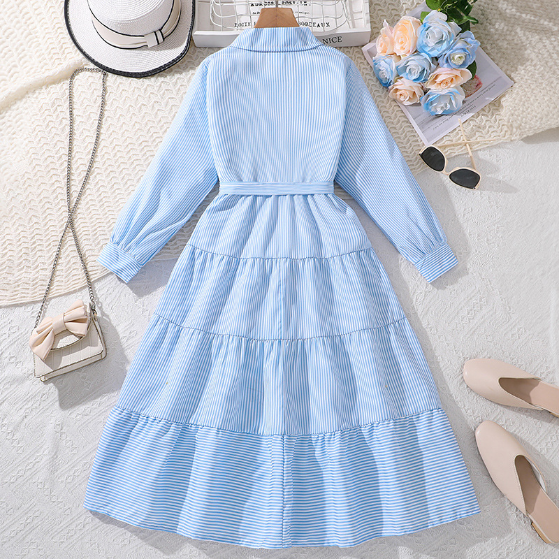 Girls' 9-11 years old autumn children's clothing 24 new fashionable striped long sleeved girls' dress_voghion.com