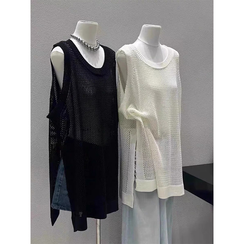 2025 Summer Round Neck Hollow Vest Loose Side Split Mid-length Sunscreen Blouse Sleeveless Ice Silk Knitted Vest for Women