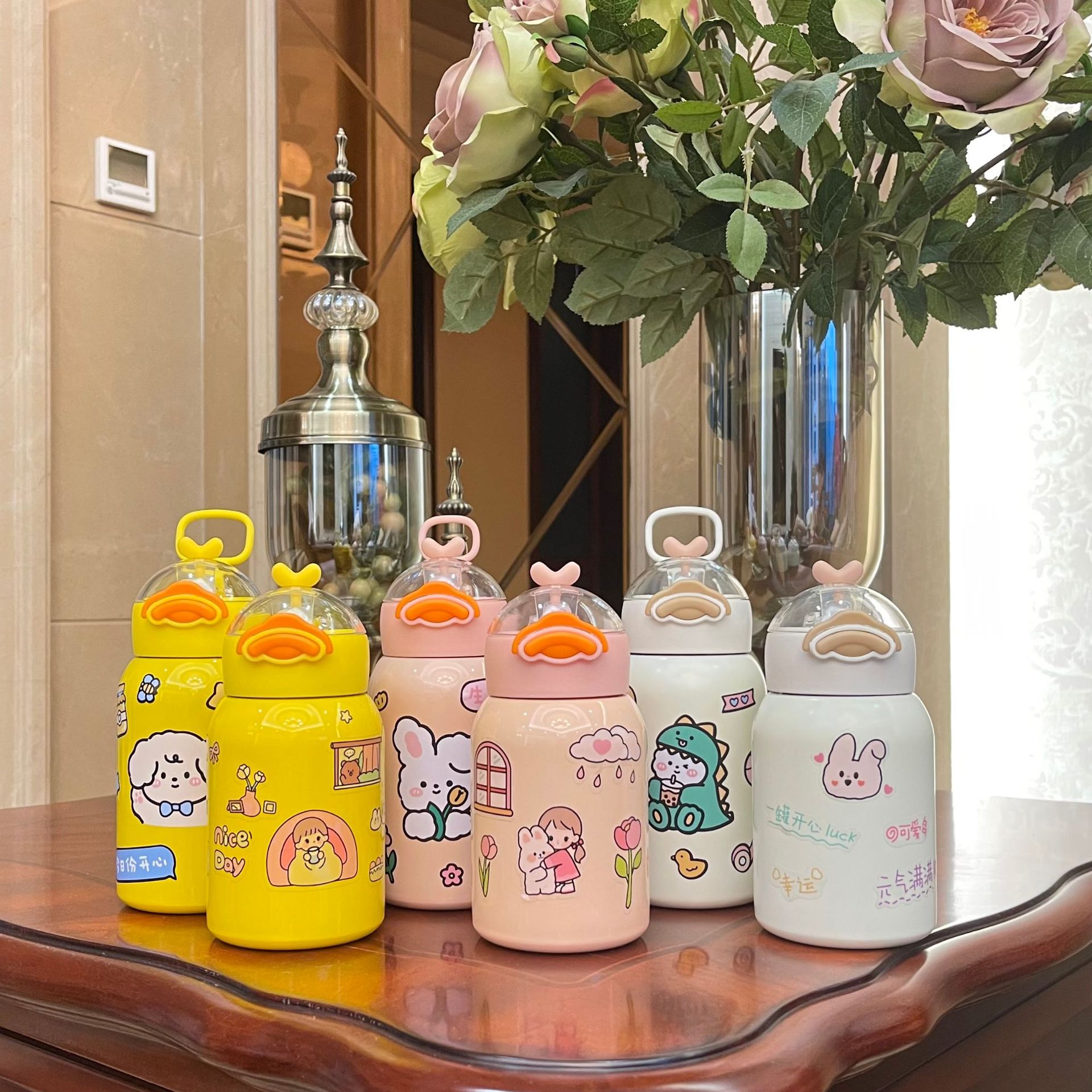 Thermos Cup for Women with Straw ins High-looking Forest Style Water Cup for Girls and Kidsren Fresh and Simple Cute Little Duck Cup