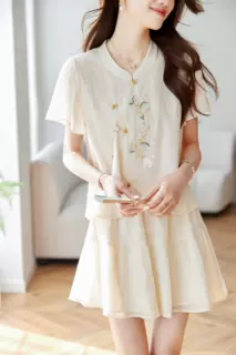 出口套装女 2024夏重工绣花新中式国风套装女小个子衬衫短裙