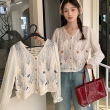 韩国镂空网纱小披肩2025春薄长袖短款外套女蕾丝防晒开衫雪纺上衣