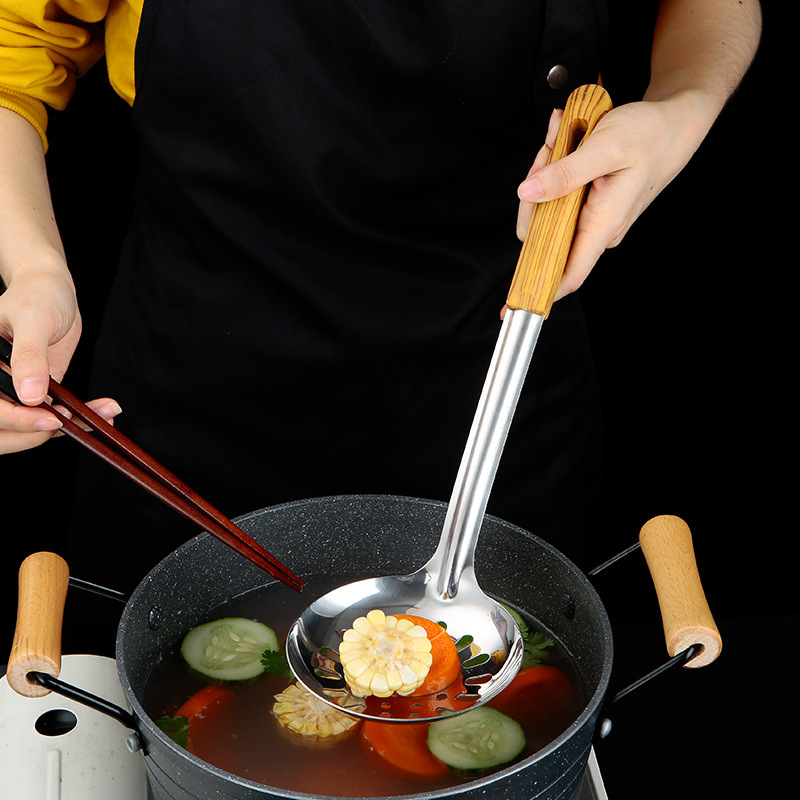 Espátula de acero inoxidable, colador, cocina, mango de madera para el hogar, espátula de acero inoxidable, cuchara de sopa, juego de utensilios de cocina, pala de cocina