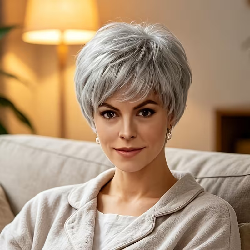 Cross-Border Silver-Gray Short Fluffy Wig for Middle-Aged and Elderly Women, Textured Short Hair Synthetic Fiber Wig, European and American Style, Realistic and Natural