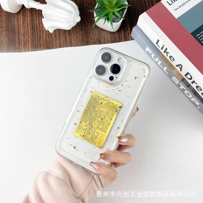 金箔フォーチュンテキスト iphone16Pro Apple 15promax/14/13 透明接着剤電話ケースに適しています|undefined