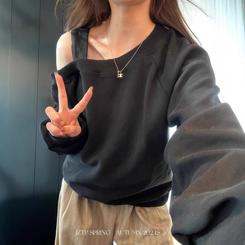 慵懒风灰色斜领露肩长袖卫衣女春秋宽松显瘦休闲百搭套头无帽上衣|undefined