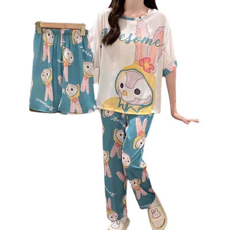 Pijamas delgados de mujer de verano de mangas cortas pantalones cortos de tres piezas de dibujos animados primavera y otoño de 2025 set de ropa de casa de verano