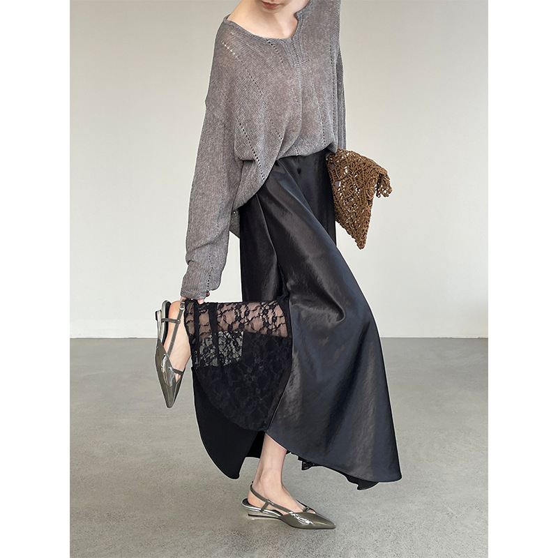 Taochuan's elegant goddess style! Women's satin lace midi skirt with a flowing, versatile full skirt (26017)