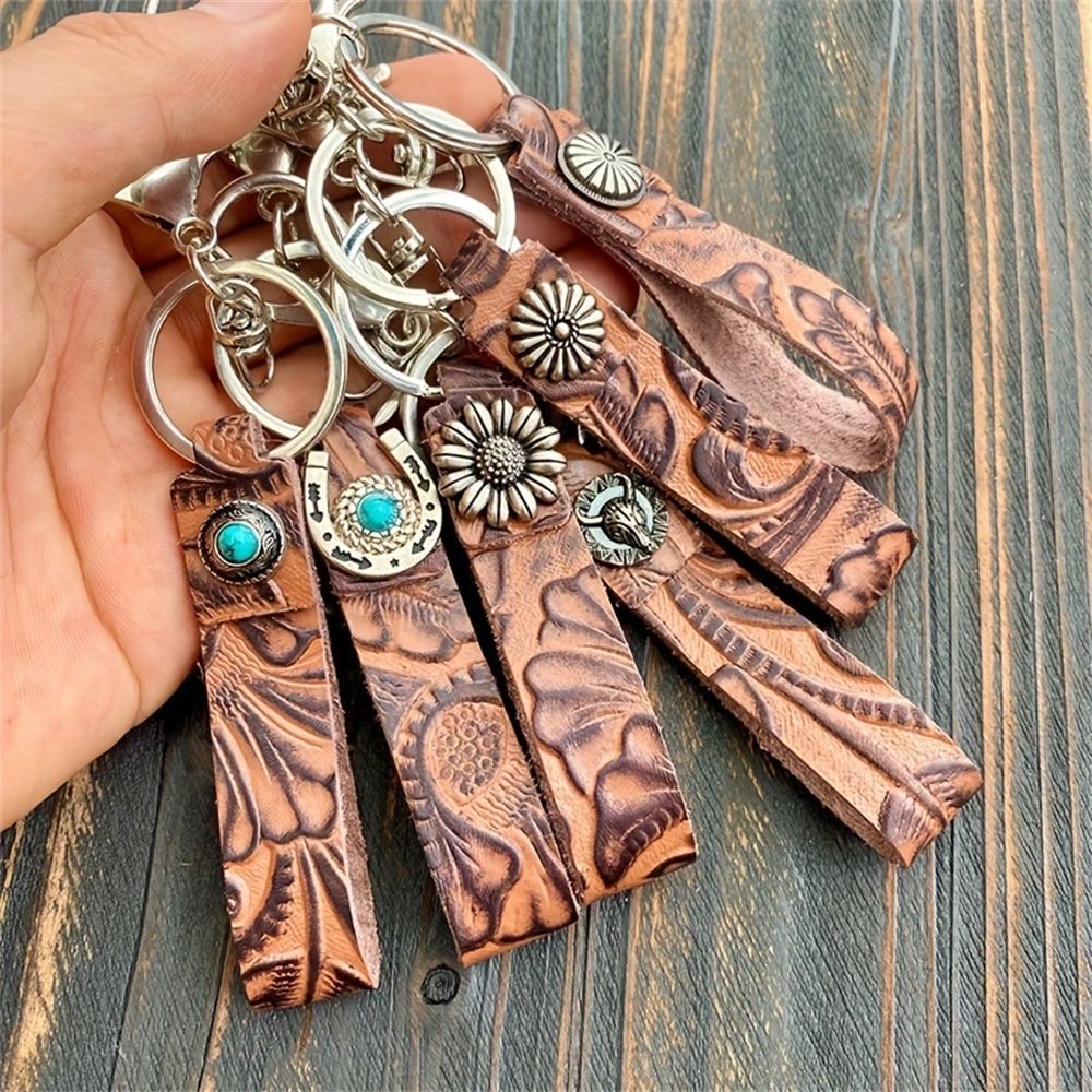 Amazon's Best-Selling First-Layer Cowhide Genuine Leather Keychain with Turquoise Pendant, Classic Pattern, Fashionable Car Keychain