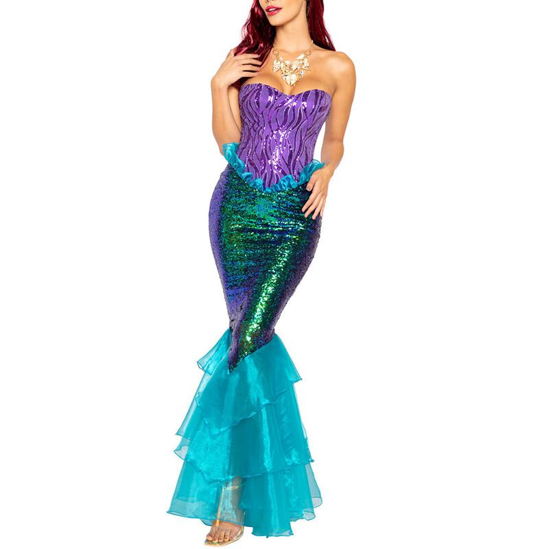Halloween Costume Adult Mermaid Princess Long Dress Sequin Cosplay Sexy Chest-Wrapped Performance Evening Dress