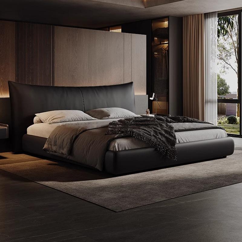 Cama de cuero minimalista italiana Chanel, primera capa de cuero de vaca, cama doble, cama de cuero suave negra de 1.8 m