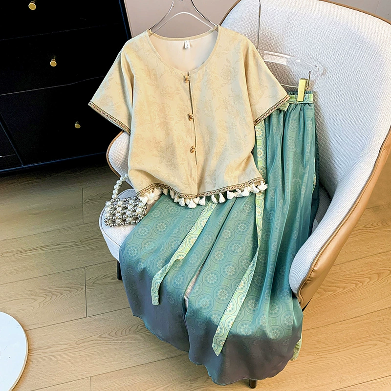 Новый китайский стиль ретро Hanfu улучшенный с круглым вырезом с короткими рукавами кардиган топ с широкими ногами юбки костюм 2025 года