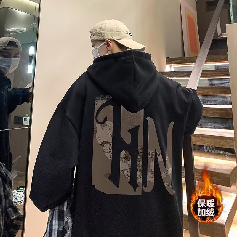 Marca de moda japonesa fleece-forrado suéter con capucha de los hombres de otoño e invierno más el tamaño de moda de grasa suelta estilo perezoso chaqueta deportiva